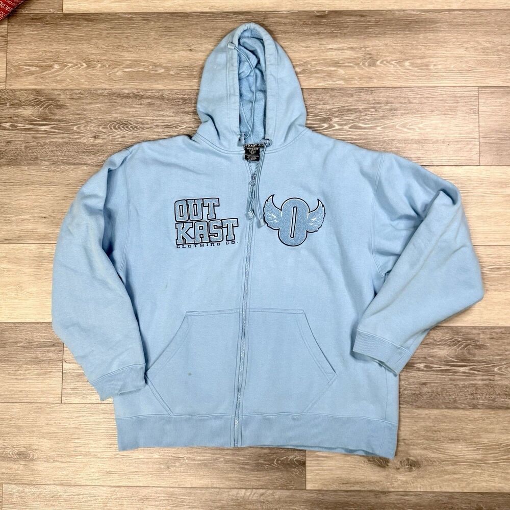 Vintage Y2K Outkast Hoodie Full Zip Baby Blue Streetwear Terry Graphic Logo XL